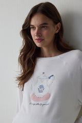 Off White Tea Time Crew Neck Thermal Effect Sweatshirt Pajama Top