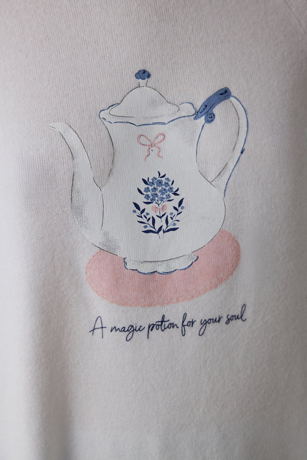 Off White Tea Time Crew Neck Thermal Effect Sweatshirt Pajama Top