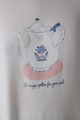 Off White Tea Time Crew Neck Thermal Effect Sweatshirt Pajama Top