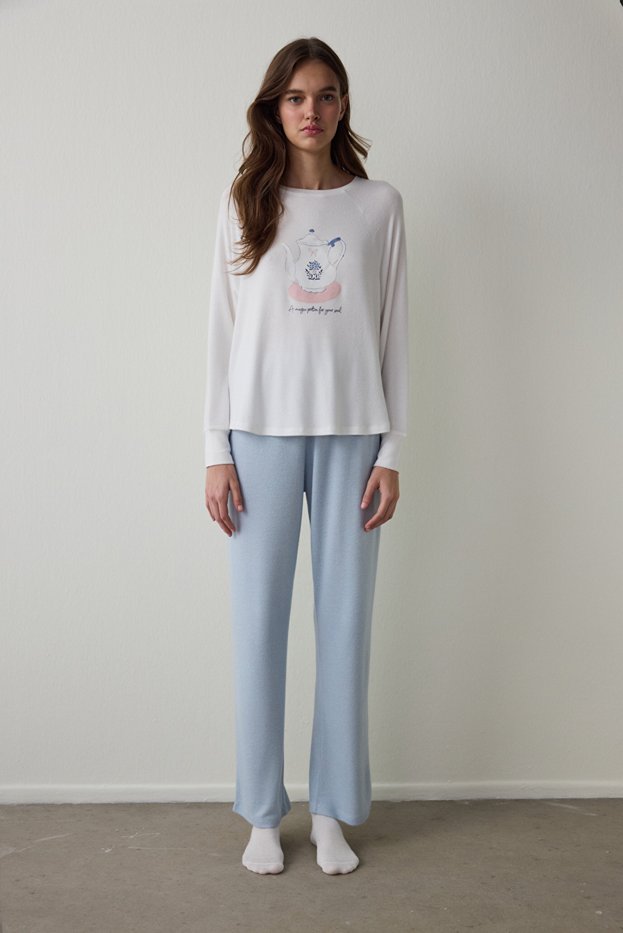 Off White Tea Time Crew Neck Thermal Effect Sweatshirt Pajama Top