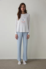 Off White Tea Time Crew Neck Thermal Effect Sweatshirt Pajama Top