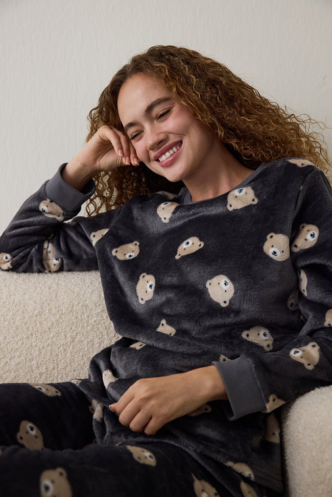 Dark Gray Bear Pattern Long-Sleeved Pajama Set Hover Image