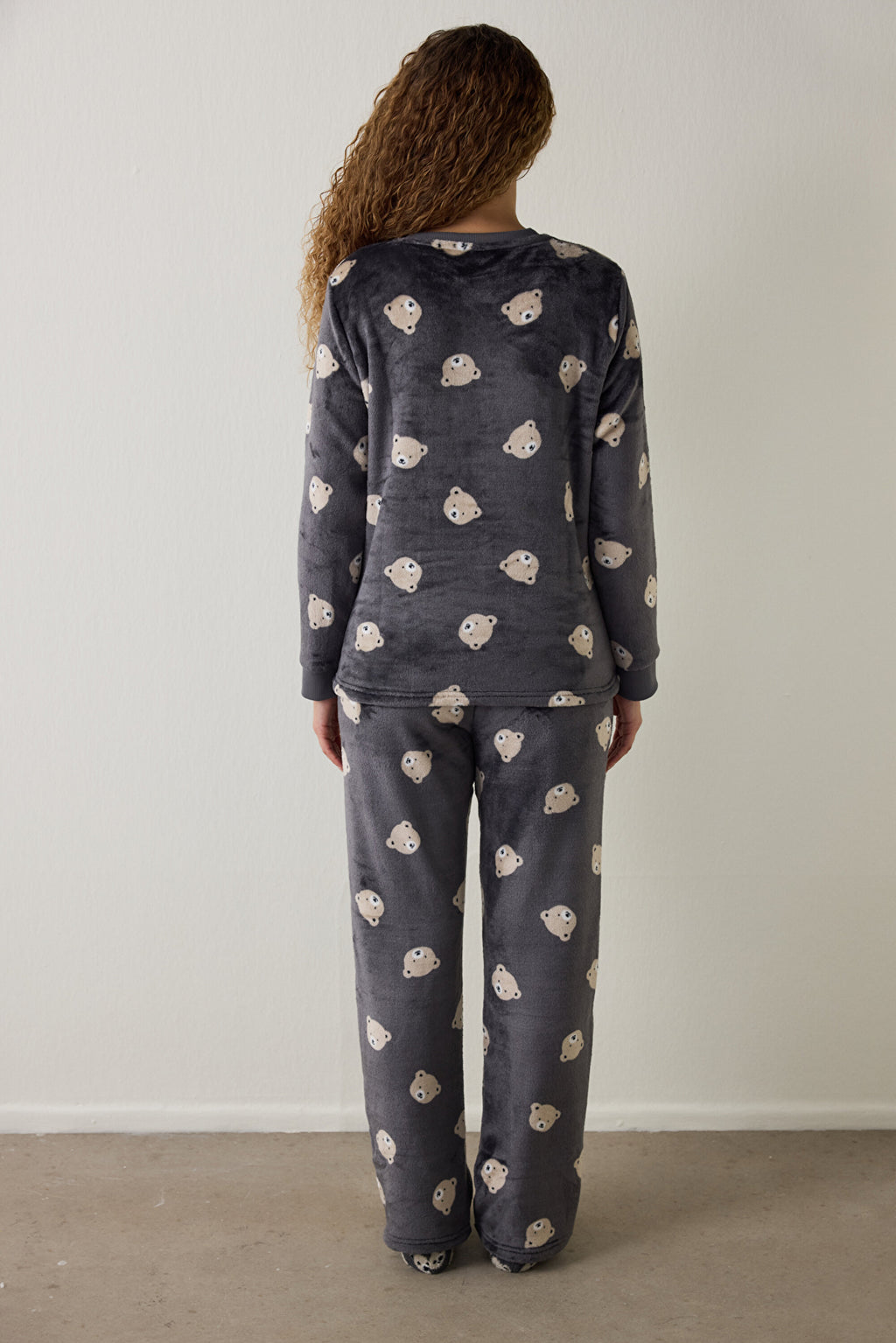 Dark Gray Bear Pattern Long-Sleeved Pajama Set