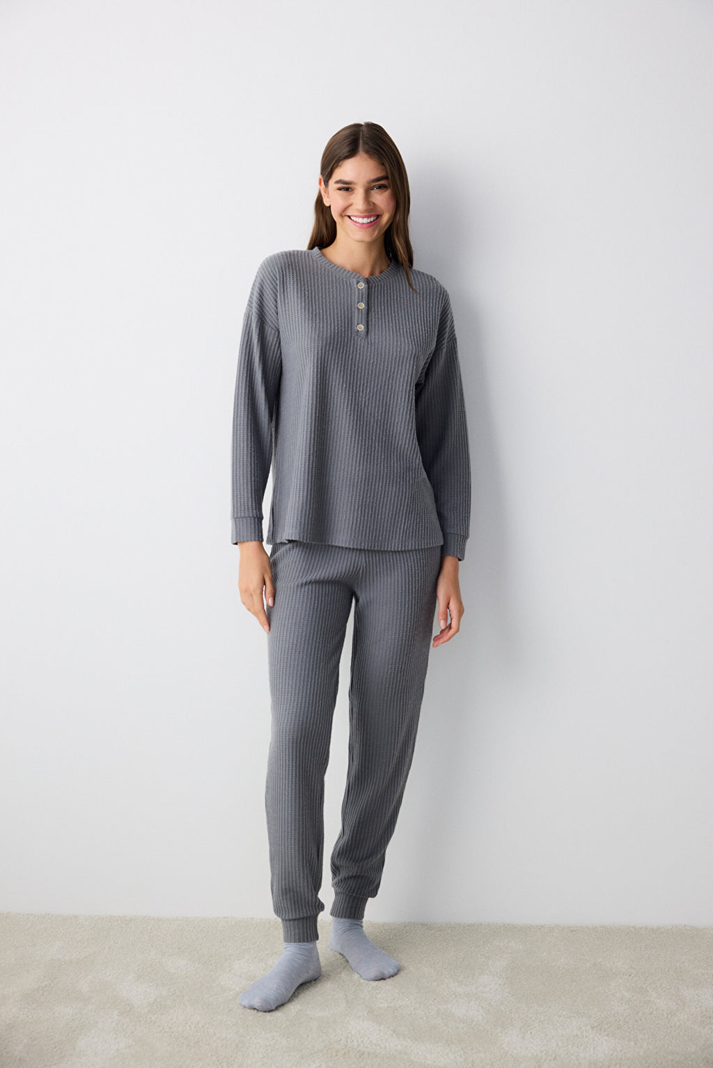 Dark Gray Waffle Dark Gray Pants Pajama Set