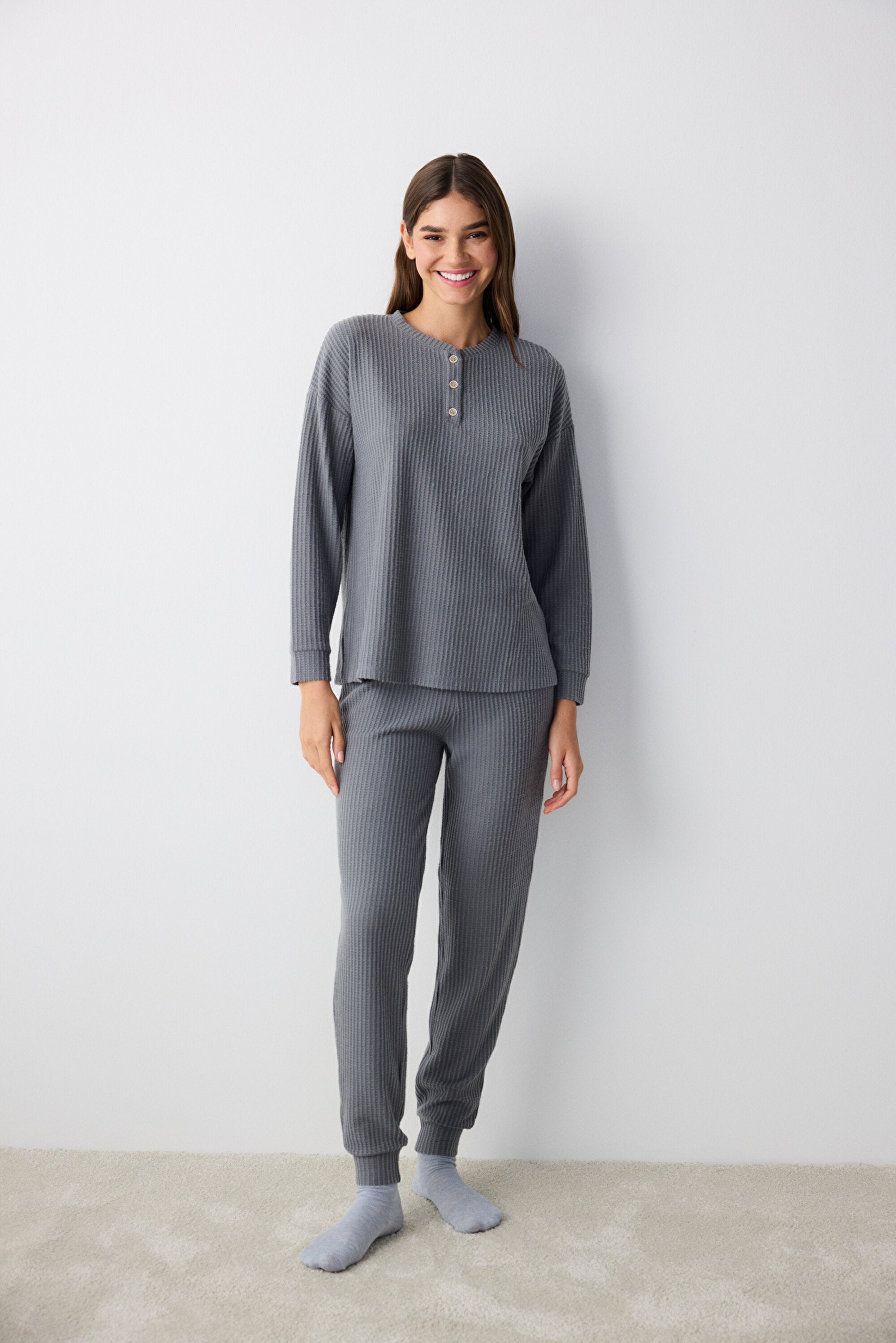 Dark Gray Waffle Dark Gray Pants Pajama Set