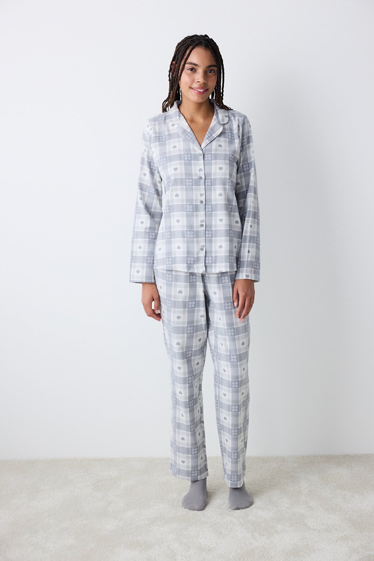 Grey Checked Dark Grey Shirt Pants Pajama Set