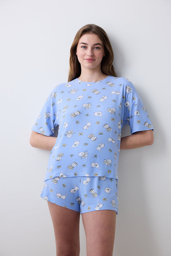 Bowtiful Printed T-Shirt Light Blue Pajama Top Hover Image