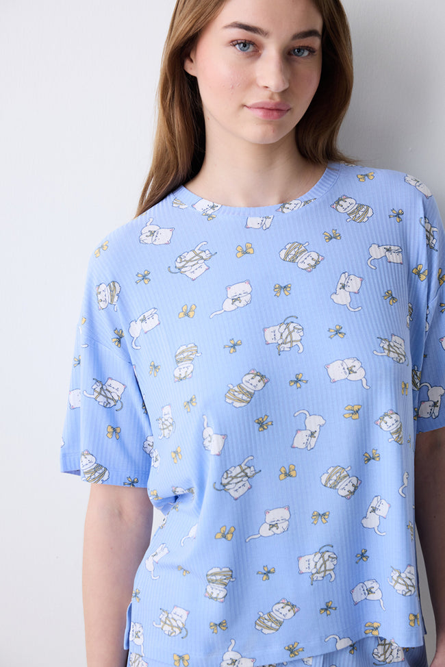 Bowtiful Printed T-Shirt Light Blue Pajama Top Main Image
