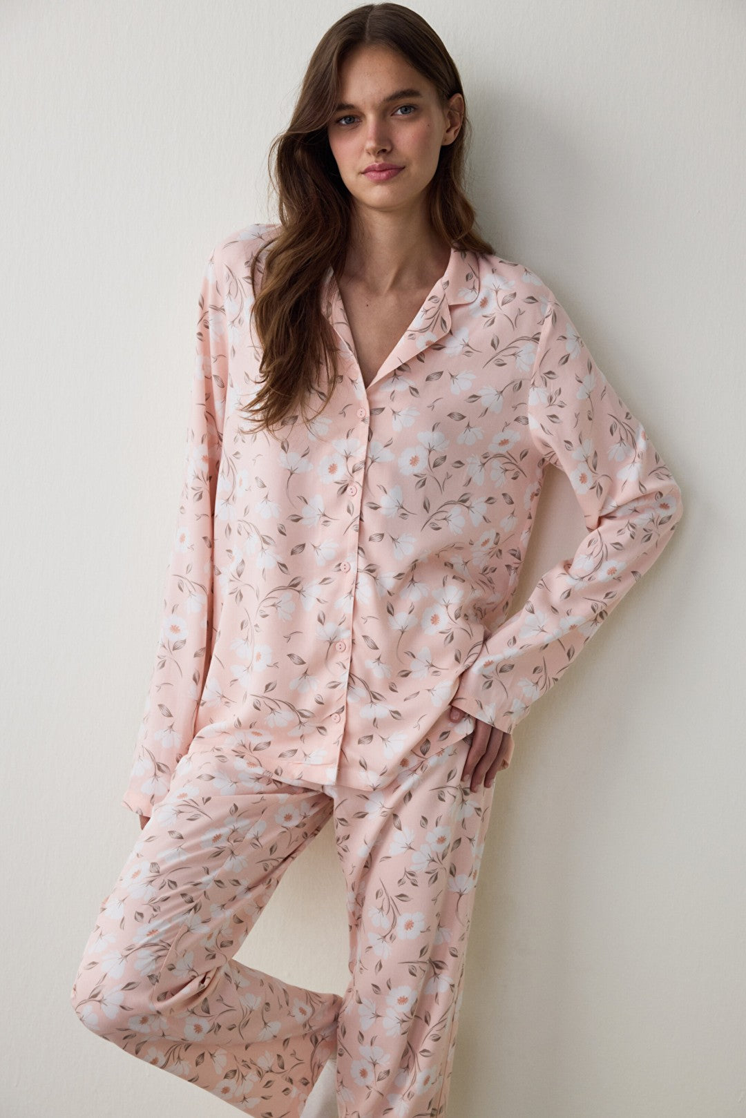 Light Pink Ellie Floral Shirt Collar Long Sleeve Pajama Set