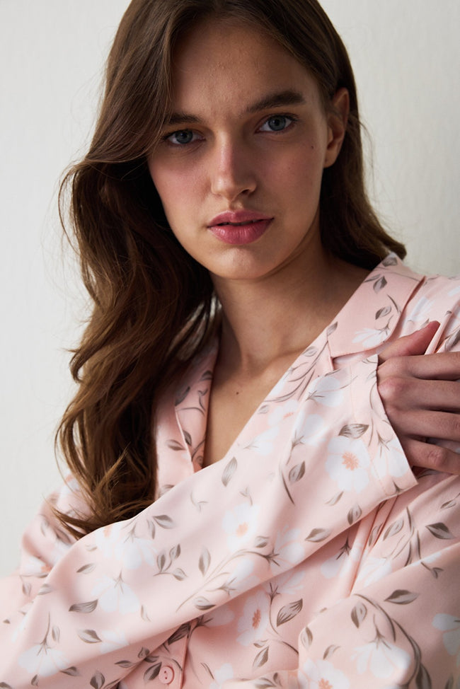 Light Pink Ellie Floral Shirt Collar Long Sleeve Pajama Set Main Image