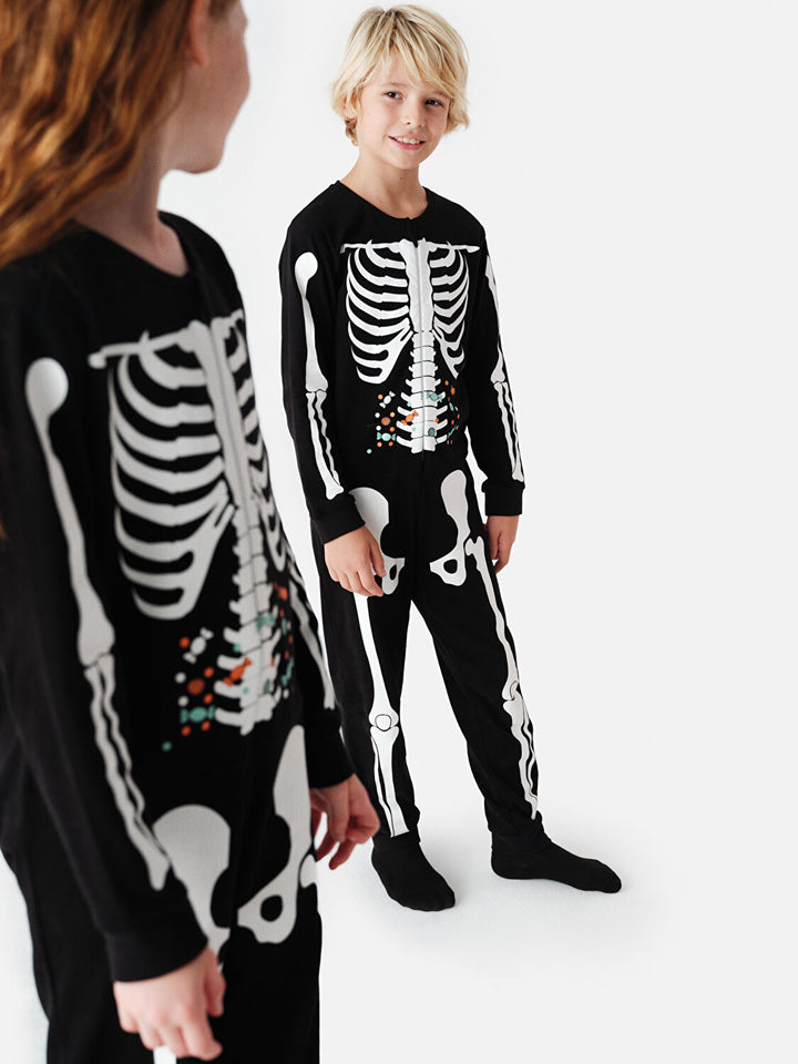 Unisex Kids Skeleton Patterned Black Pajama Set