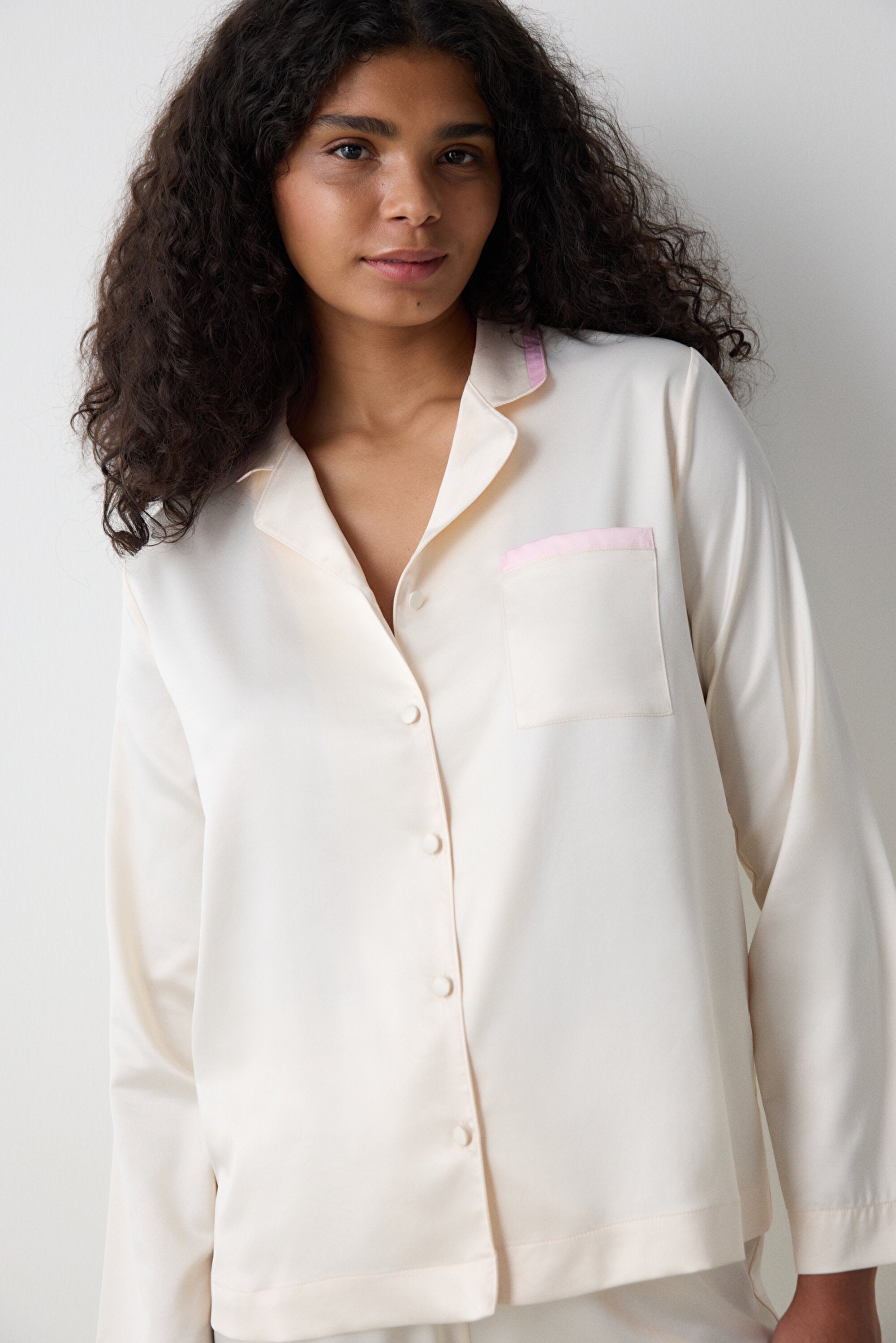 Satin Solid Shirt Pants Cream Pajama Set - Penti Loves Paris Collection