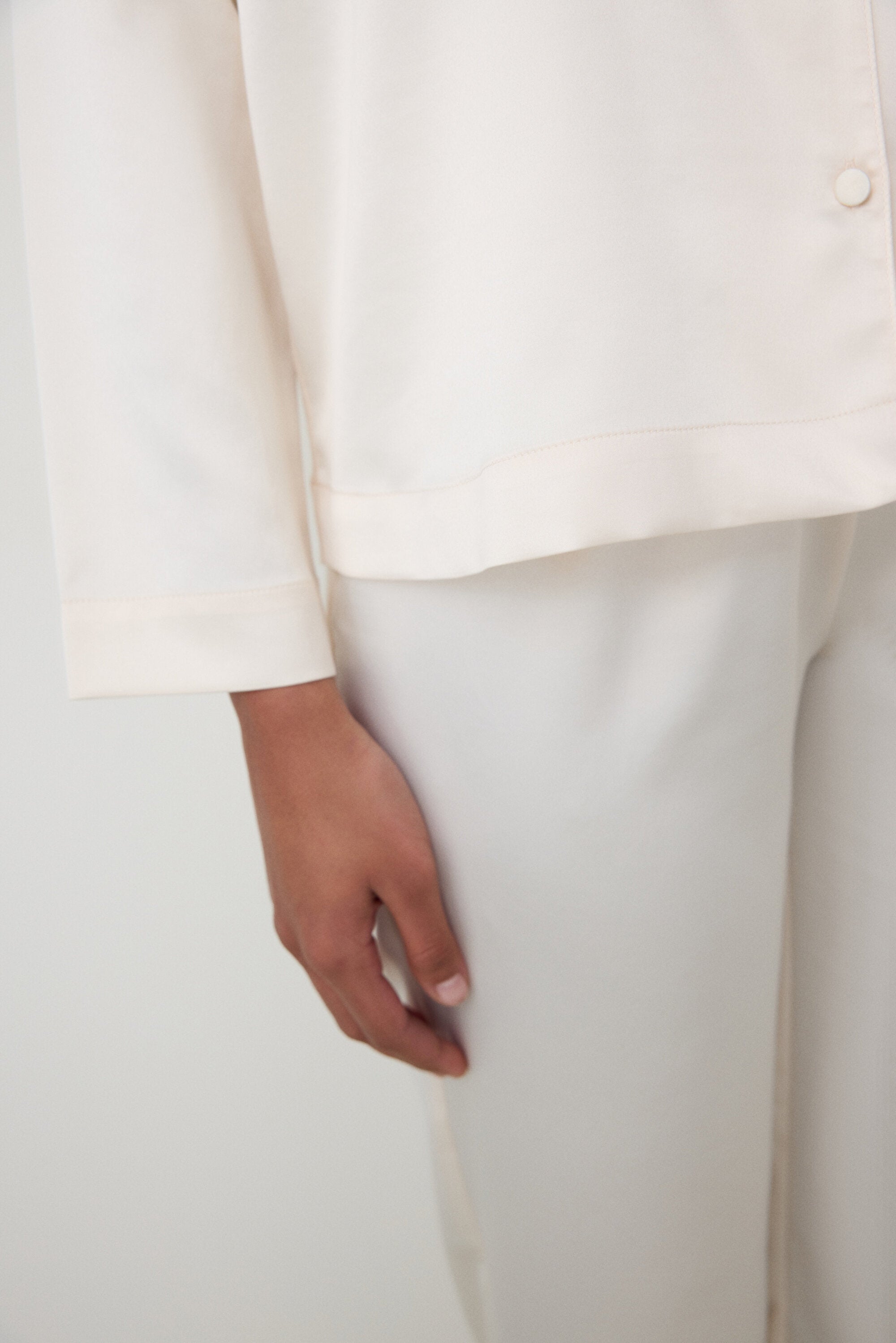 Satin Solid Shirt Pants Cream Pajama Set - Penti Loves Paris Collection