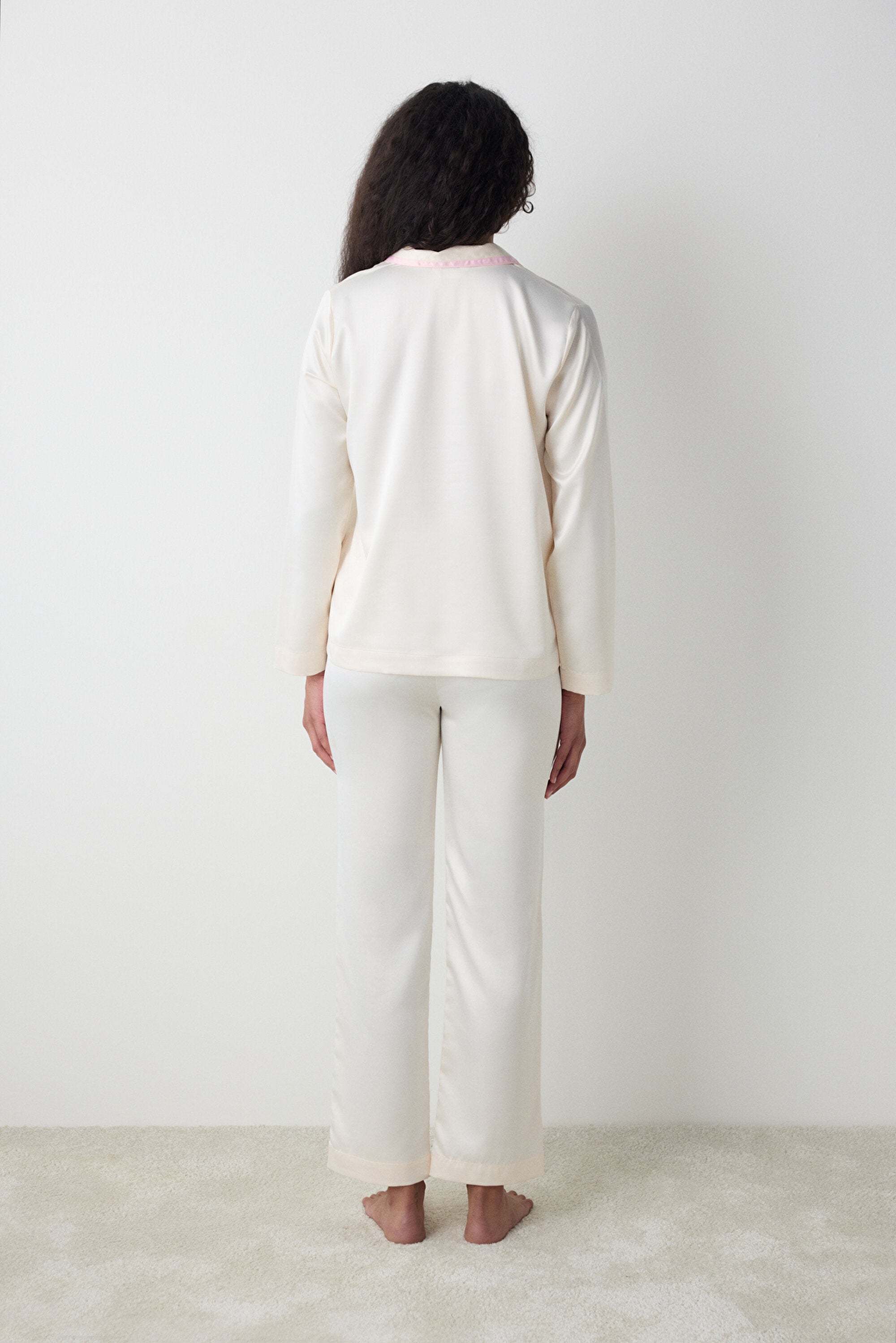 Satin Solid Shirt Pants Cream Pajama Set - Penti Loves Paris Collection