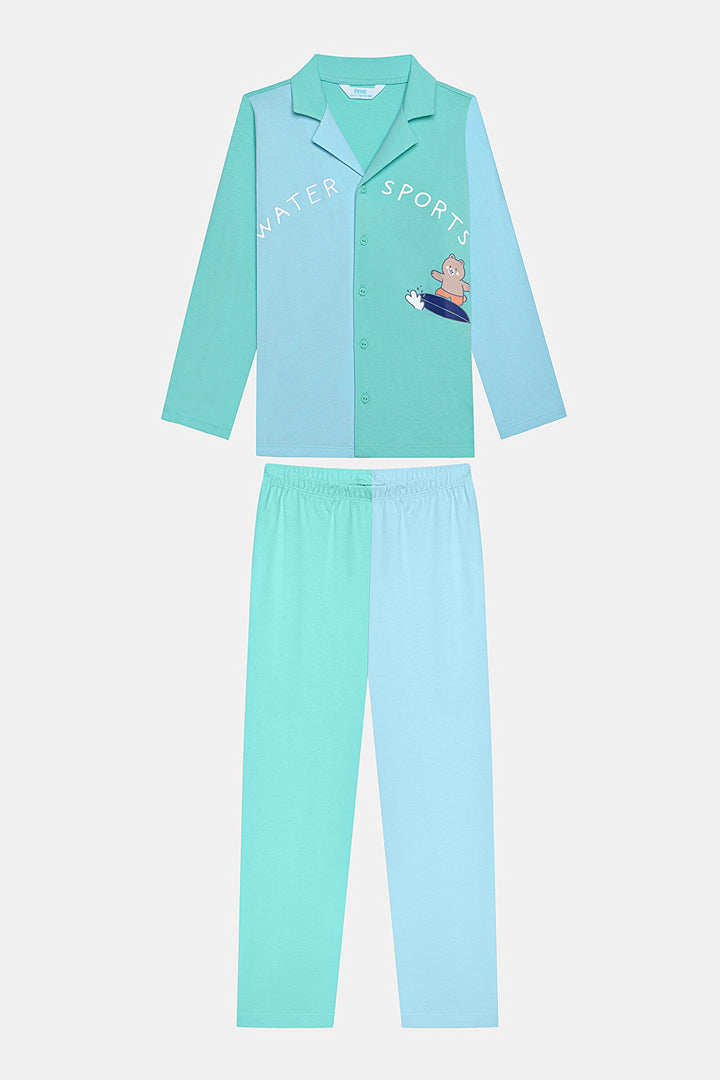 Cotton Boy Water Sport Off White Buttoned Shirt Pajama Set