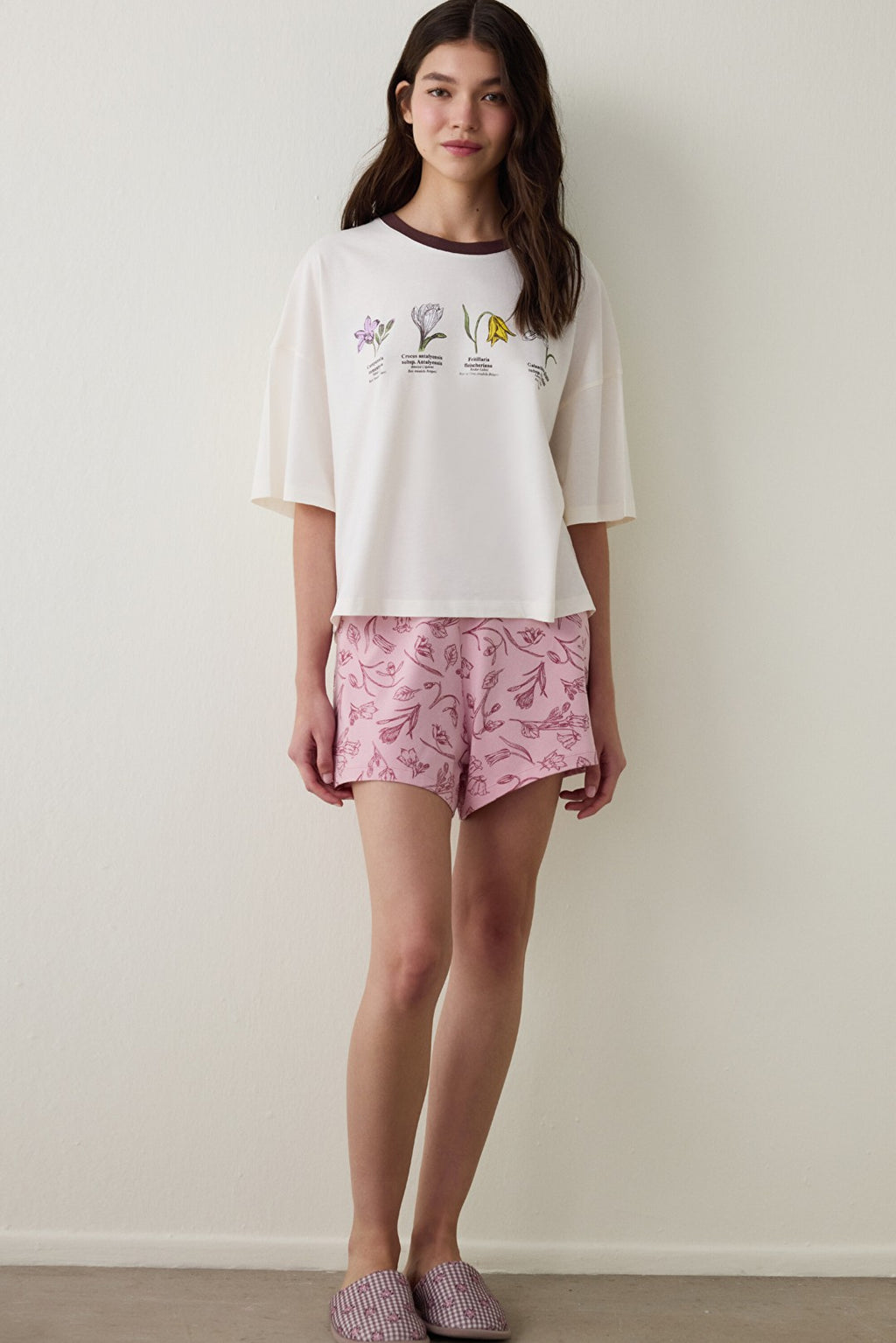 Ecru Steppe Tulip Floral Print Cotton Crew Neck Short Sleeve Pajama Set with Shorts - Inspired by Flora