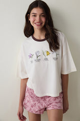 Ecru Steppe Tulip Floral Print Cotton Crew Neck Short Sleeve Pajama Set with Shorts - Inspired by Flora