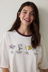 Ecru Steppe Tulip Floral Print Cotton Crew Neck Short Sleeve Pajama Set with Shorts - Inspired by Flora