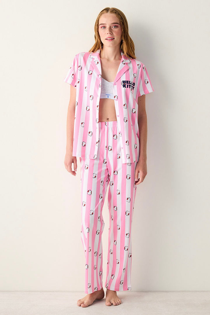 Sanrio Happy White Button-Down Shirt Pants Pajama Set