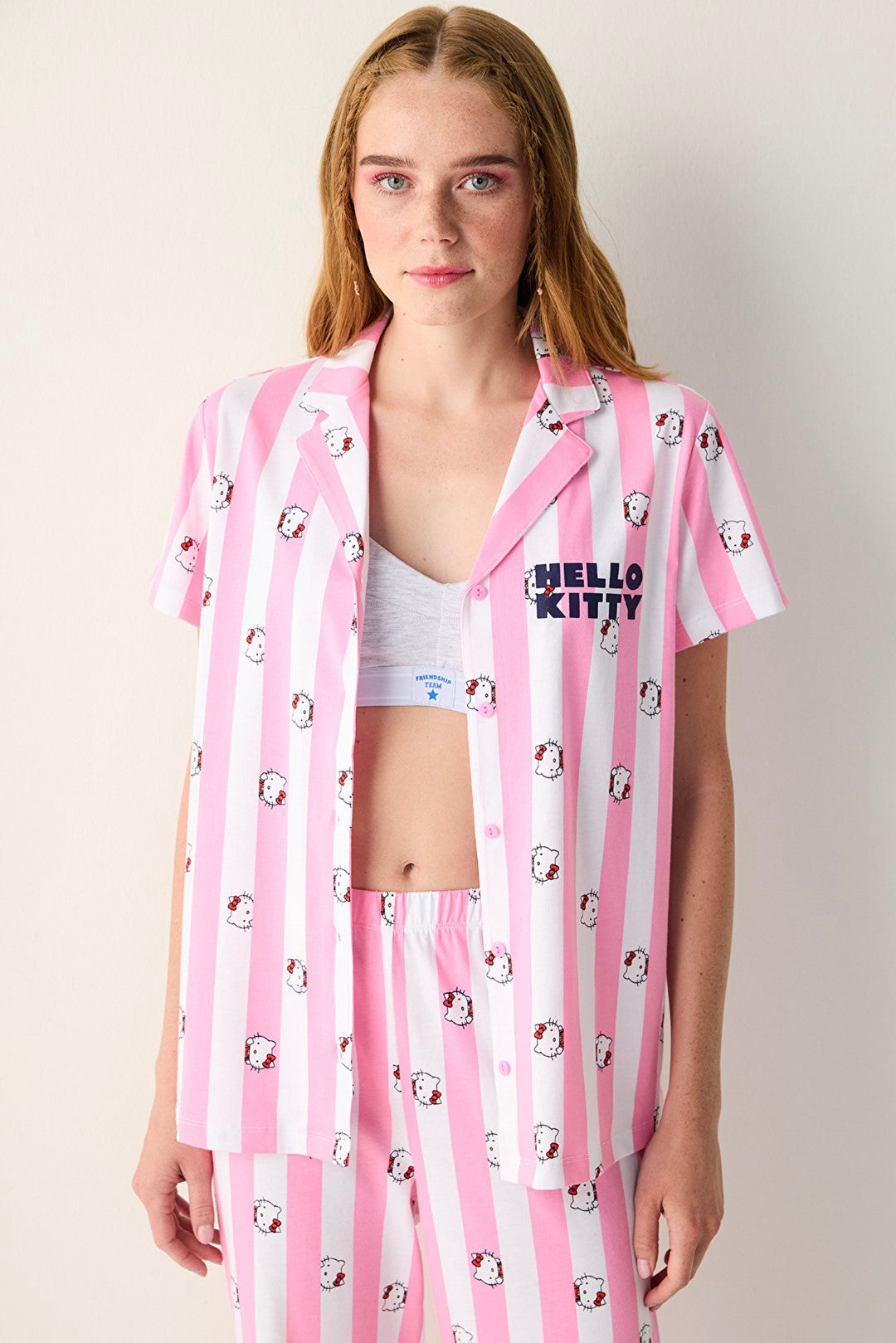 Sanrio Happy White Button-Down Shirt Pants Pajama Set