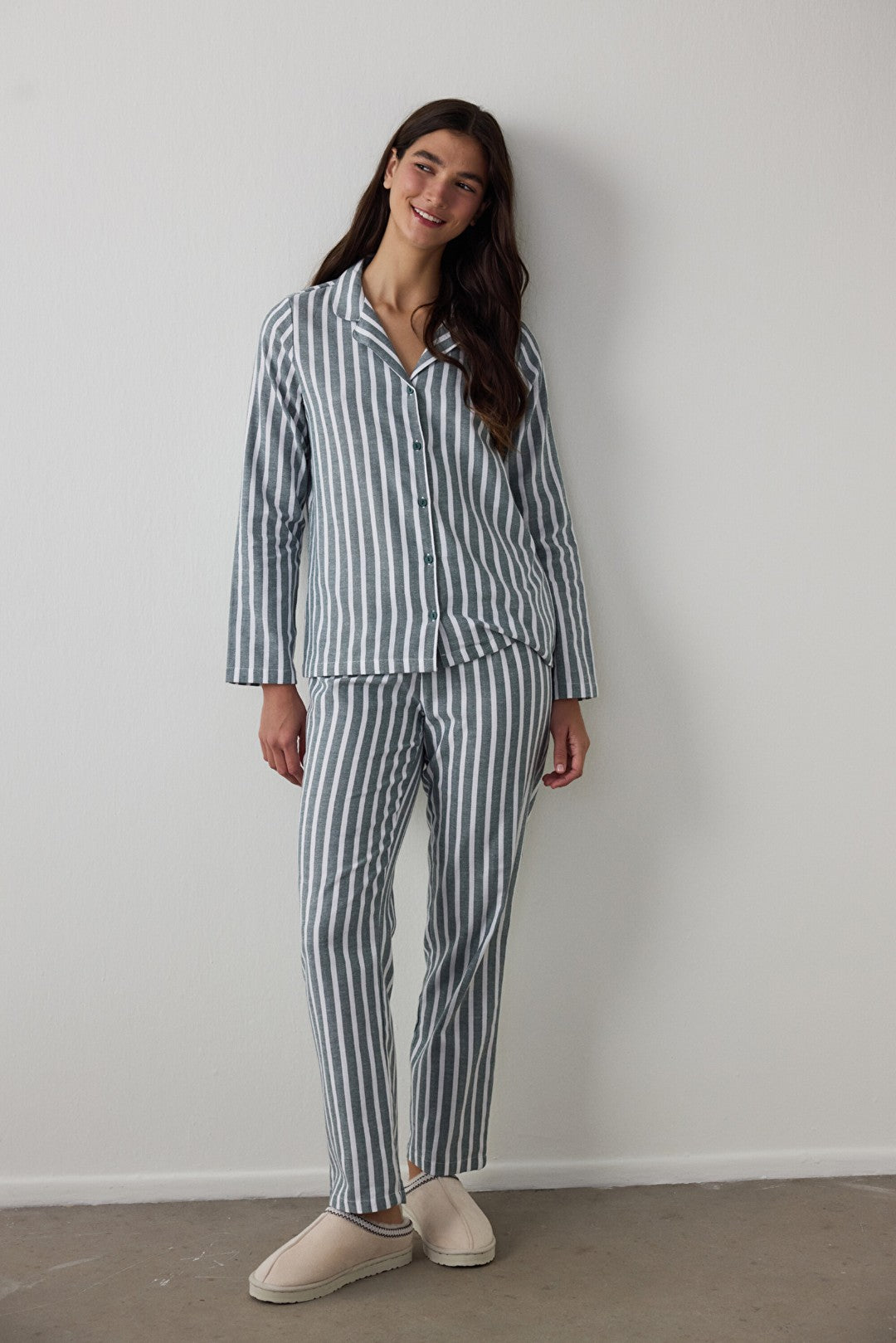 Dark Green Lazy Morning Striped Cotton Shirt Collar Pajama Set