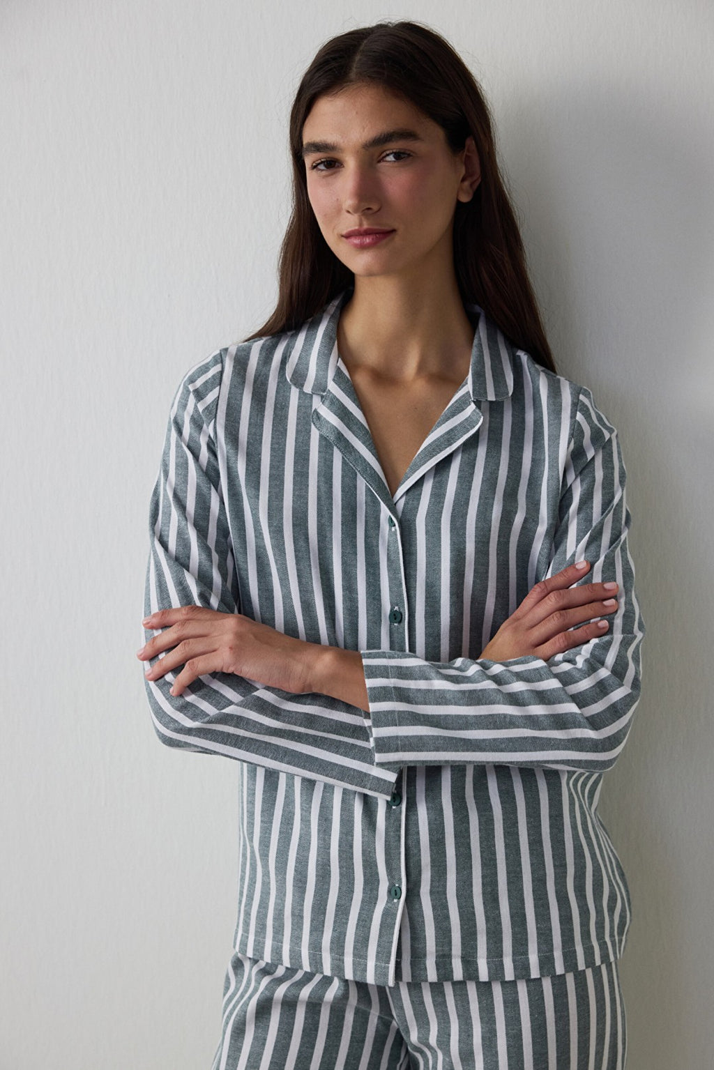 Dark Green Lazy Morning Striped Cotton Shirt Collar Pajama Set