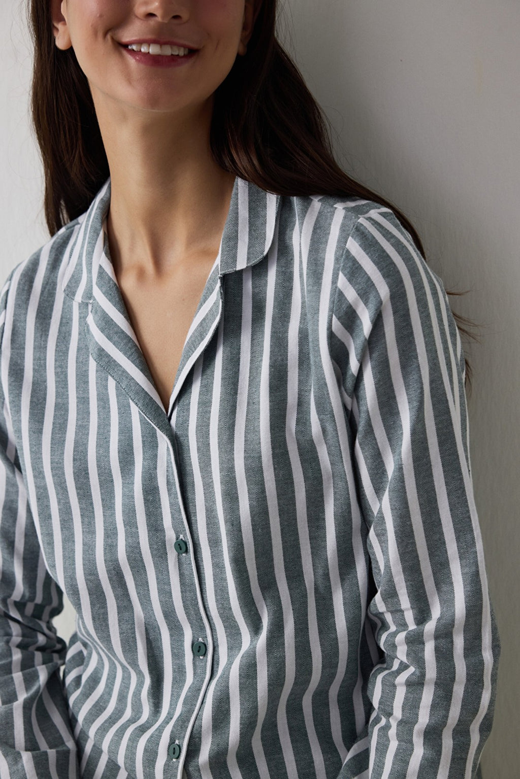 Dark Green Lazy Morning Striped Cotton Shirt Collar Pajama Set