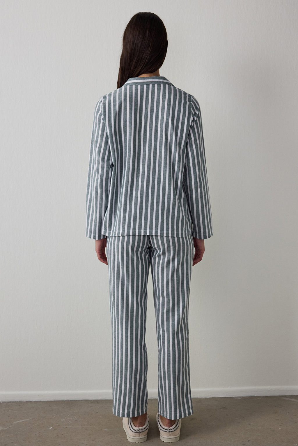 Dark Green Lazy Morning Striped Cotton Shirt Collar Pajama Set