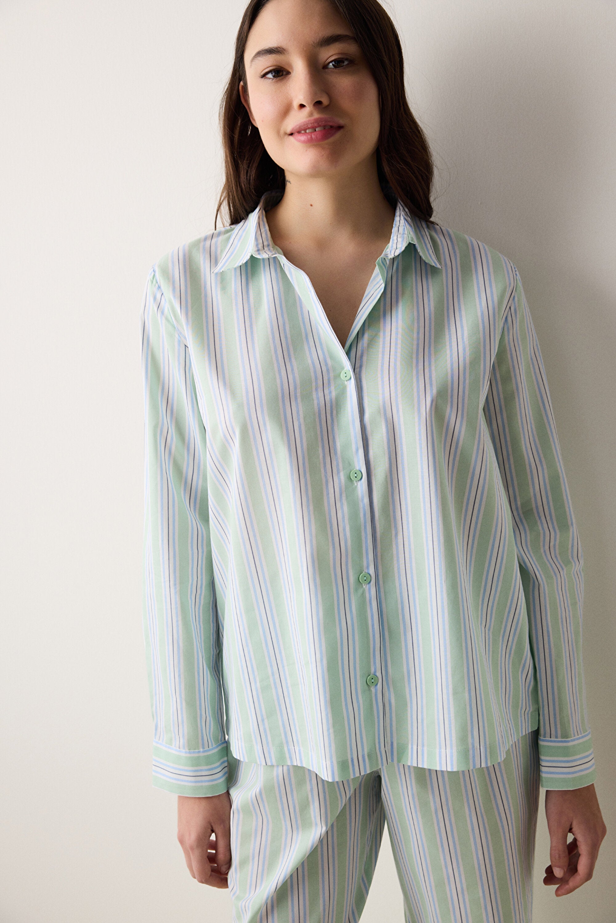 Perri Shirt Pants Striped Light Green Pajama Set