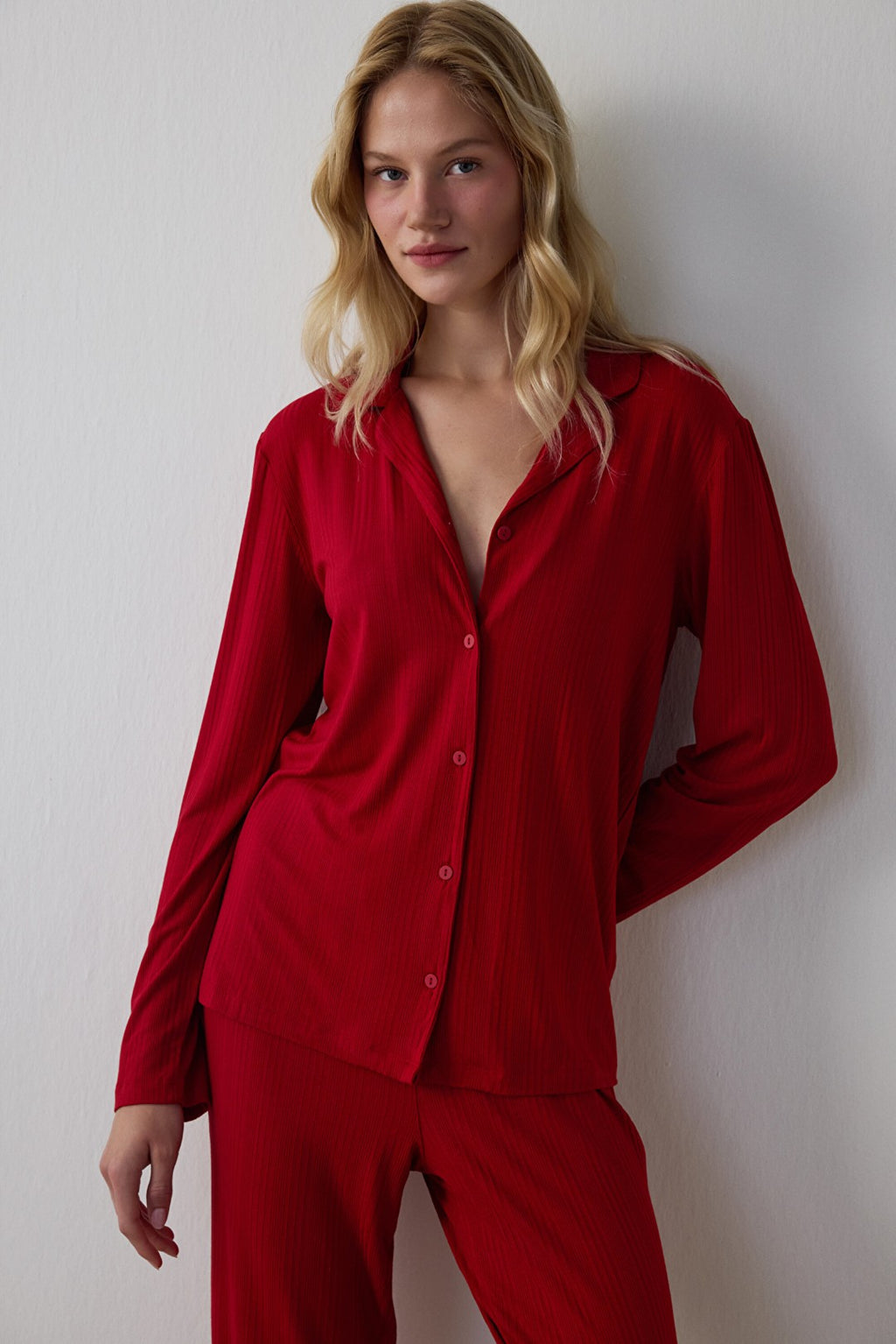 Red NY Time Corduroy Shirt Collar Long Sleeve Pajama Set