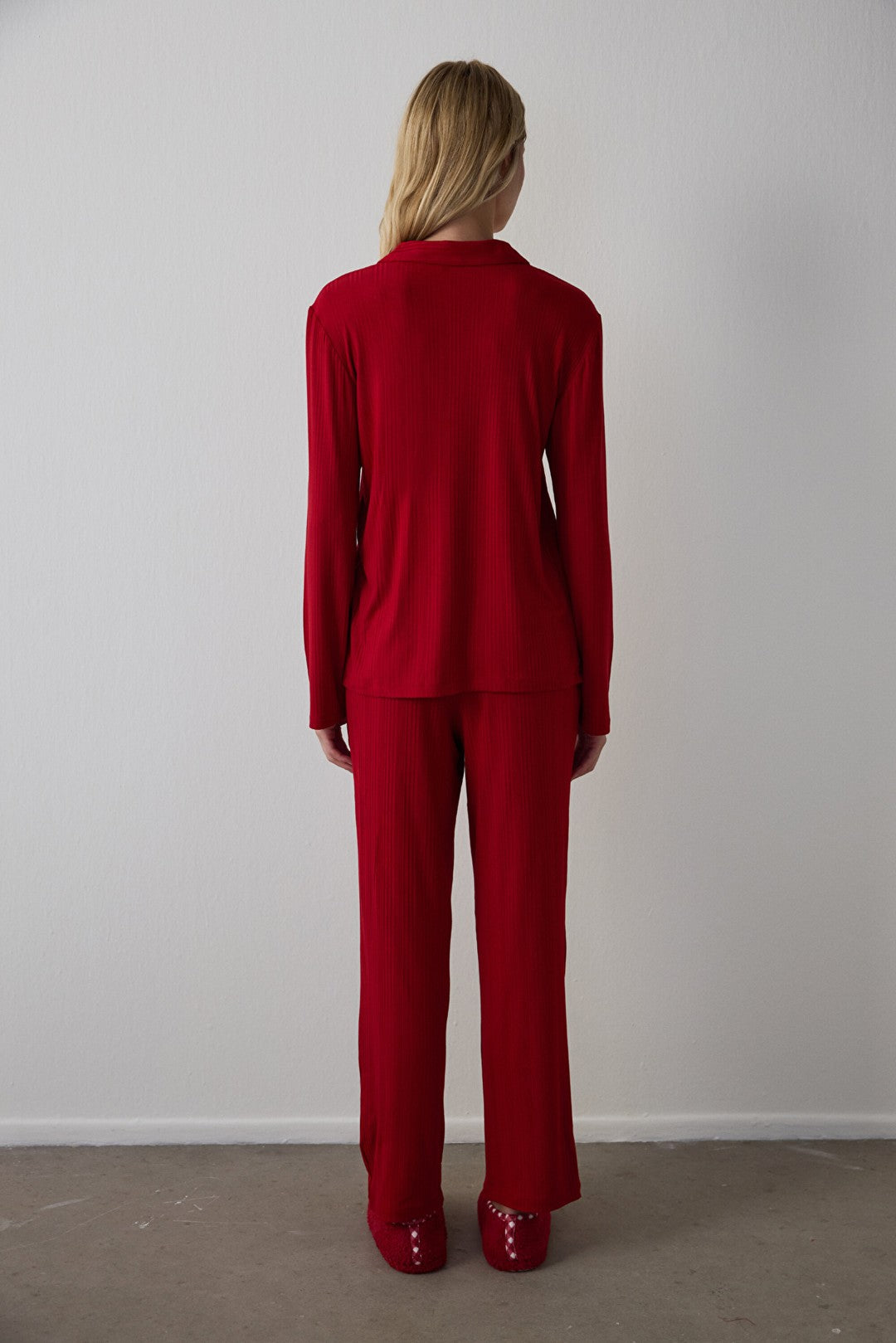 Red NY Time Corduroy Shirt Collar Long Sleeve Pajama Set