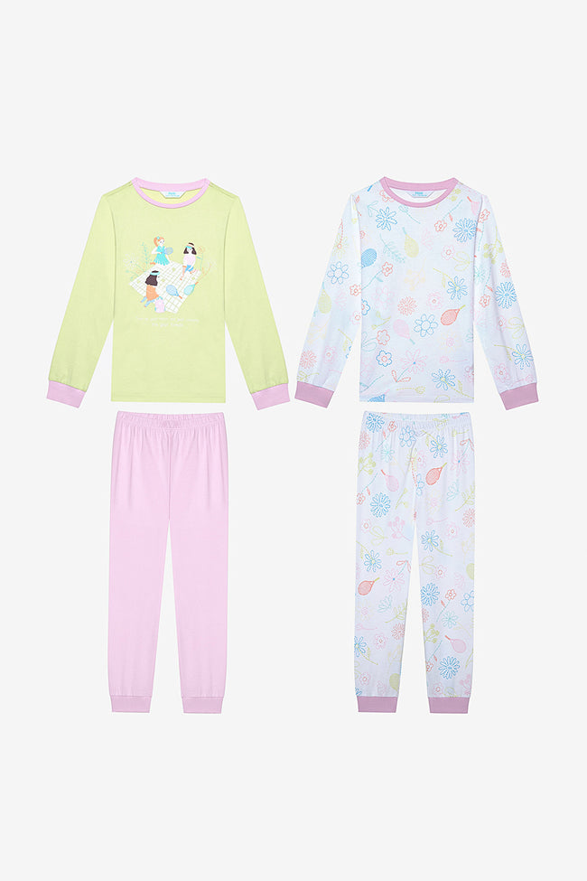 Cotton Girls Tennis Picnic 2-Piece Multicolored Pajama Set Hover Image