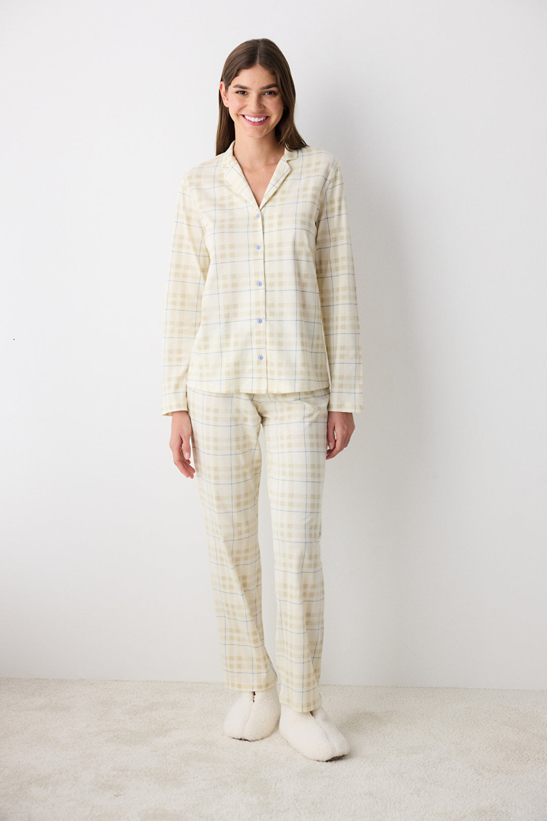 Cotton Ecru Checked Ecru Shirt Pants Pajama Set