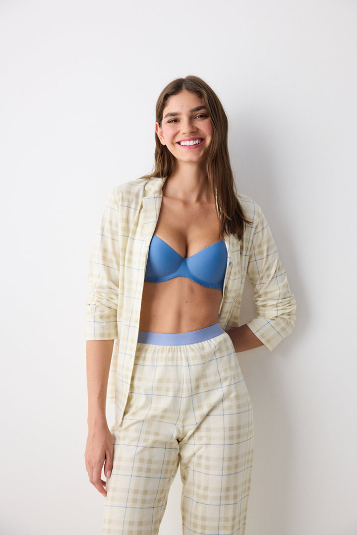 Cotton Ecru Checked Ecru Shirt Pants Pajama Set