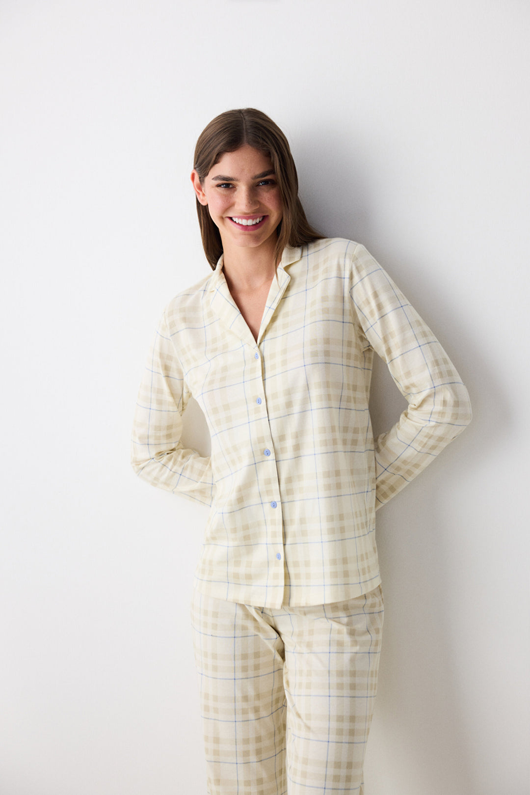 Cotton Ecru Checked Ecru Shirt Pants Pajama Set