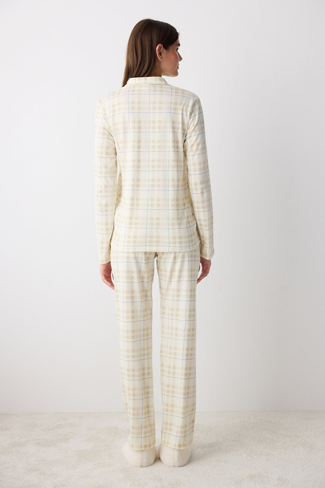 Cotton Ecru Checked Ecru Shirt Pants Pajama Set