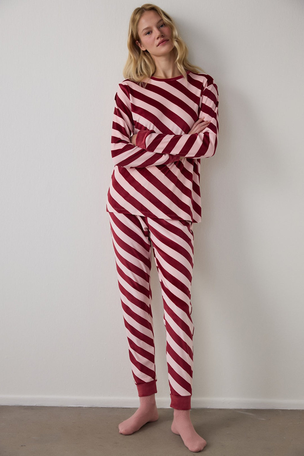 Rose Pink Winter Time Striped Crew Neck Pajama Set