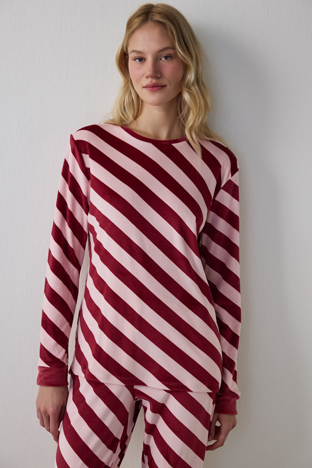 Rose Pink Winter Time Striped Crew Neck Pajama Set