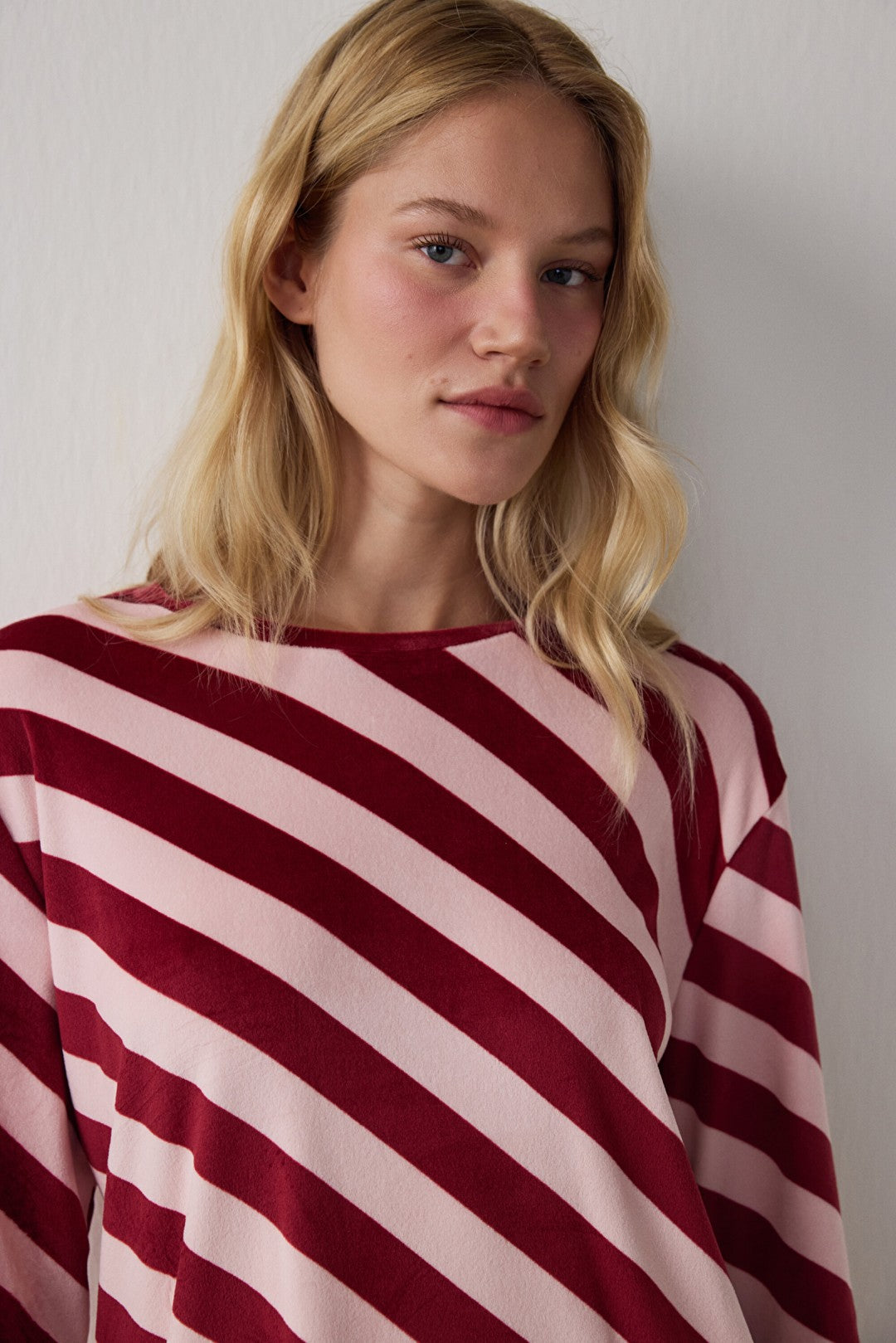 Rose Pink Winter Time Striped Crew Neck Pajama Set