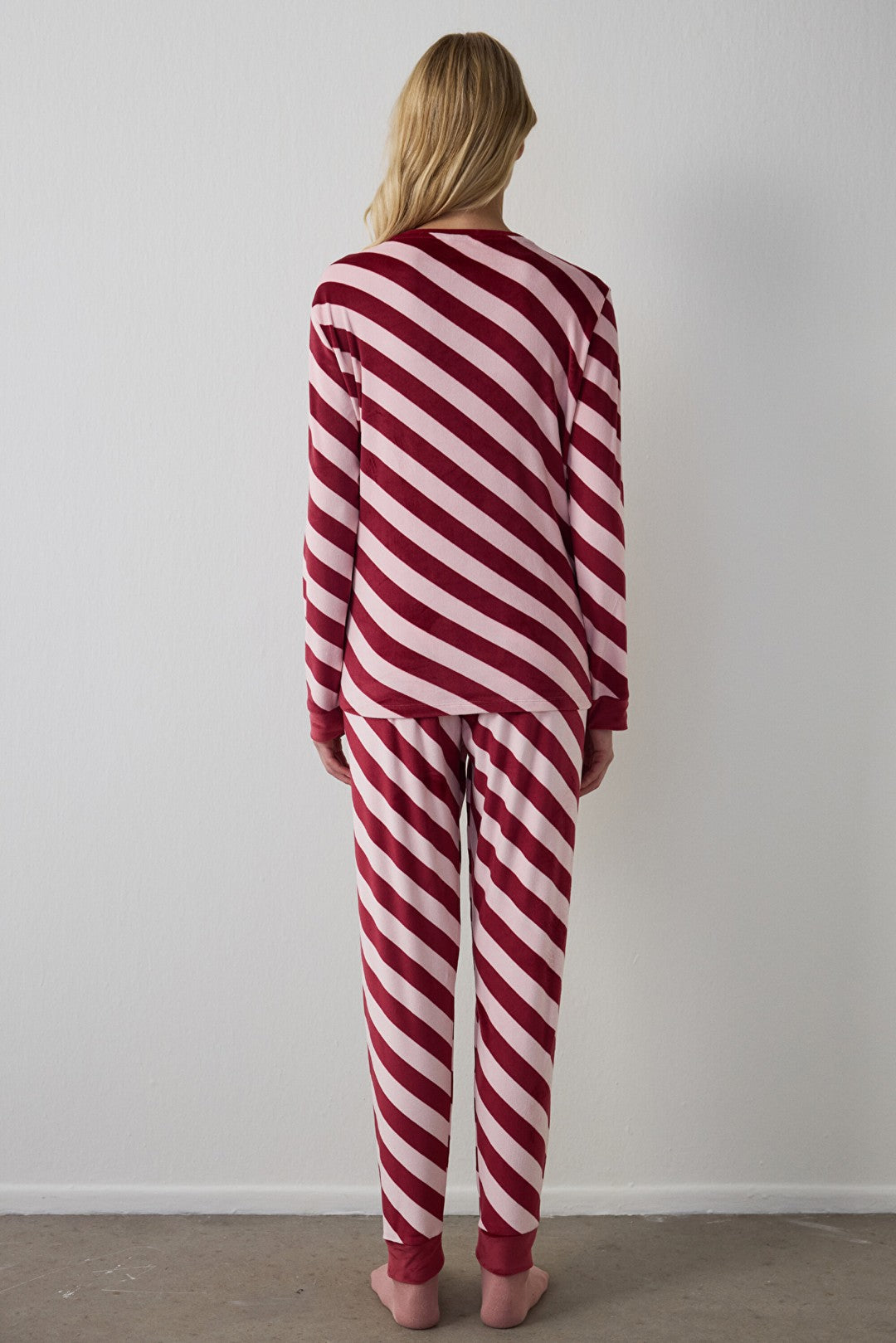 Rose Pink Winter Time Striped Crew Neck Pajama Set