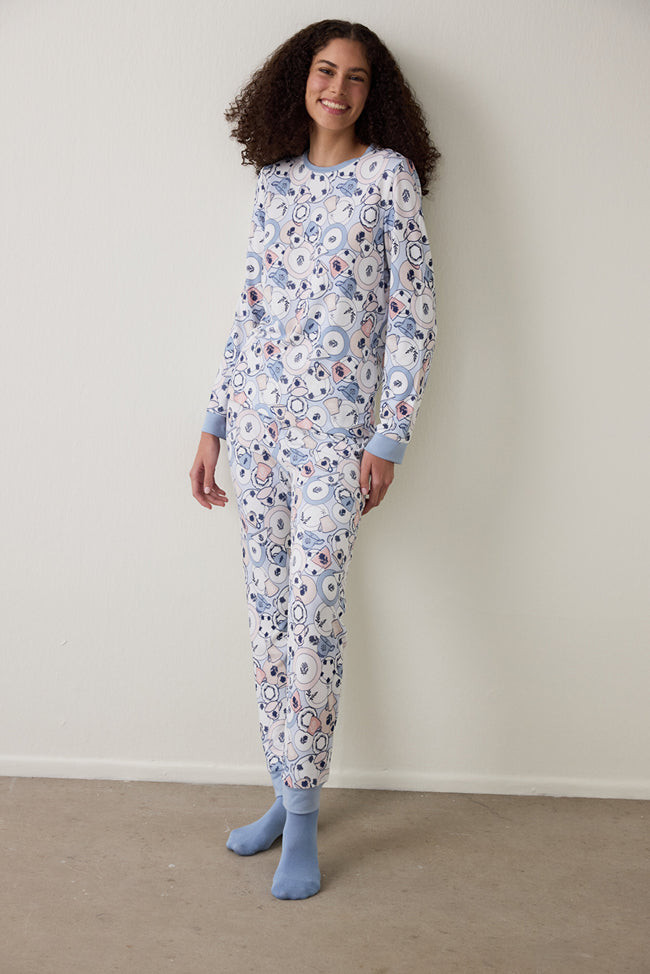 Light Blue Tea Party Drink Patterned Crew Neck Pajama Set Hover Image
