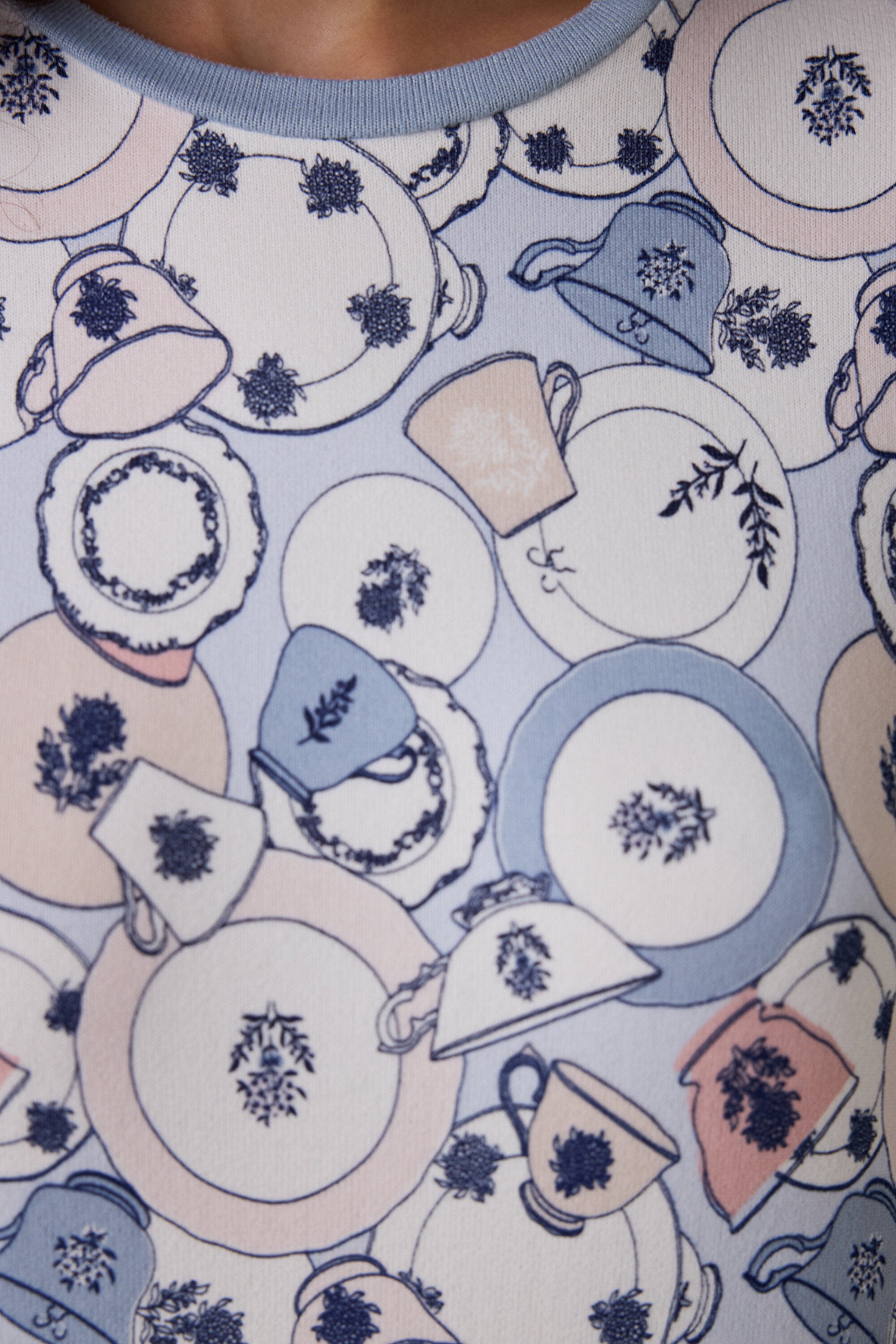 Light Blue Tea Party Drink Patterned Crew Neck Pajama Set