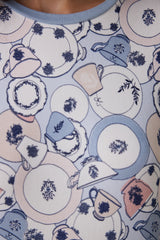 Light Blue Tea Party Drink Patterned Crew Neck Pajama Set