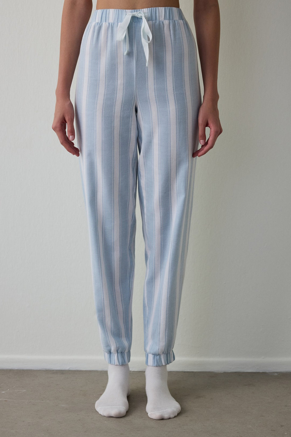 Light Blue Magic Striped Cotton Pajama Bottoms with Tie Detail