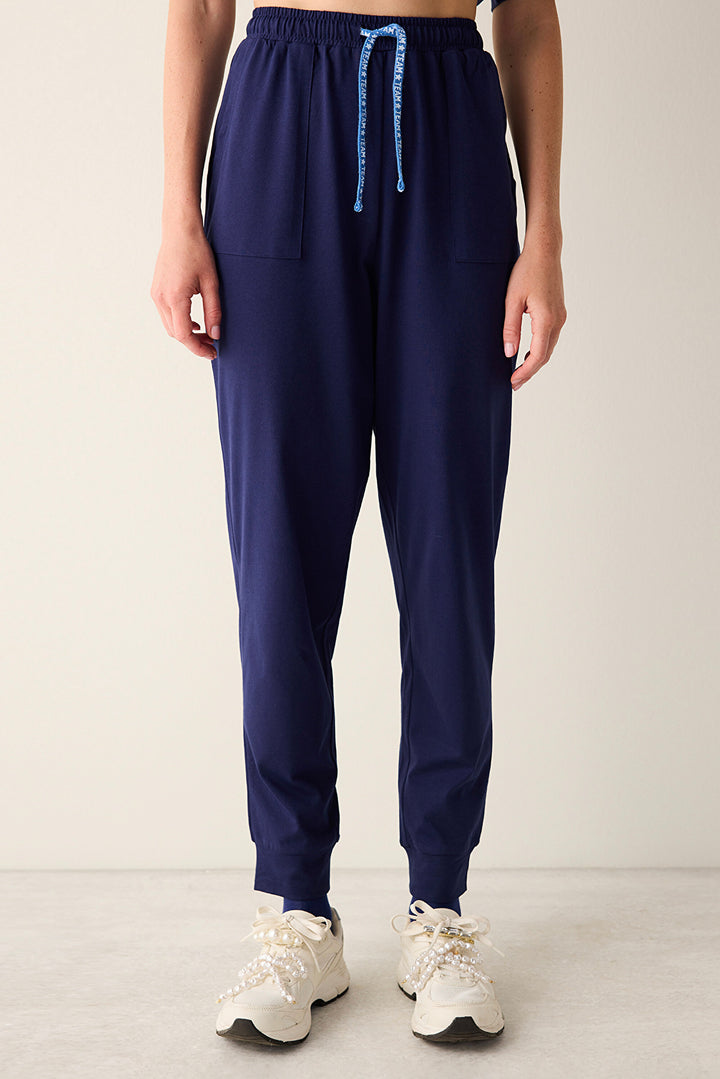 Cotton Solid Navy Blue Trousers Pajama Bottoms