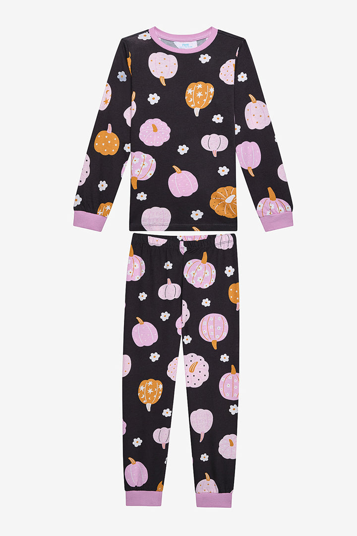 Cotton Girls Pumpkin Multicolored Pajama Set