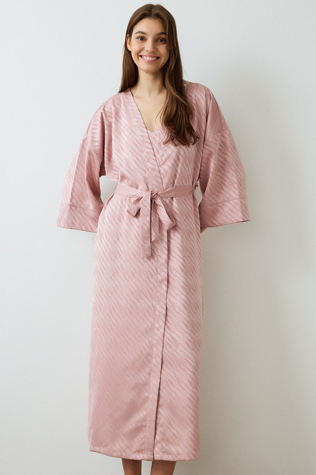 Dusty Rose Emma Zebra Patterned Satin Long Sleeve Dressing Gown