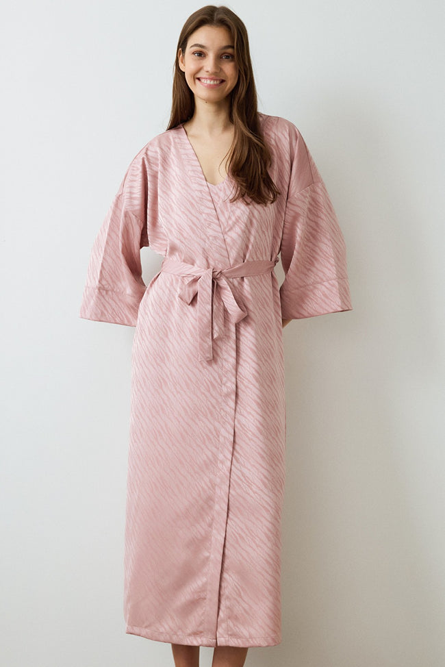 Dusty Rose Emma Zebra Patterned Satin Long Sleeve Dressing Gown Hover Image