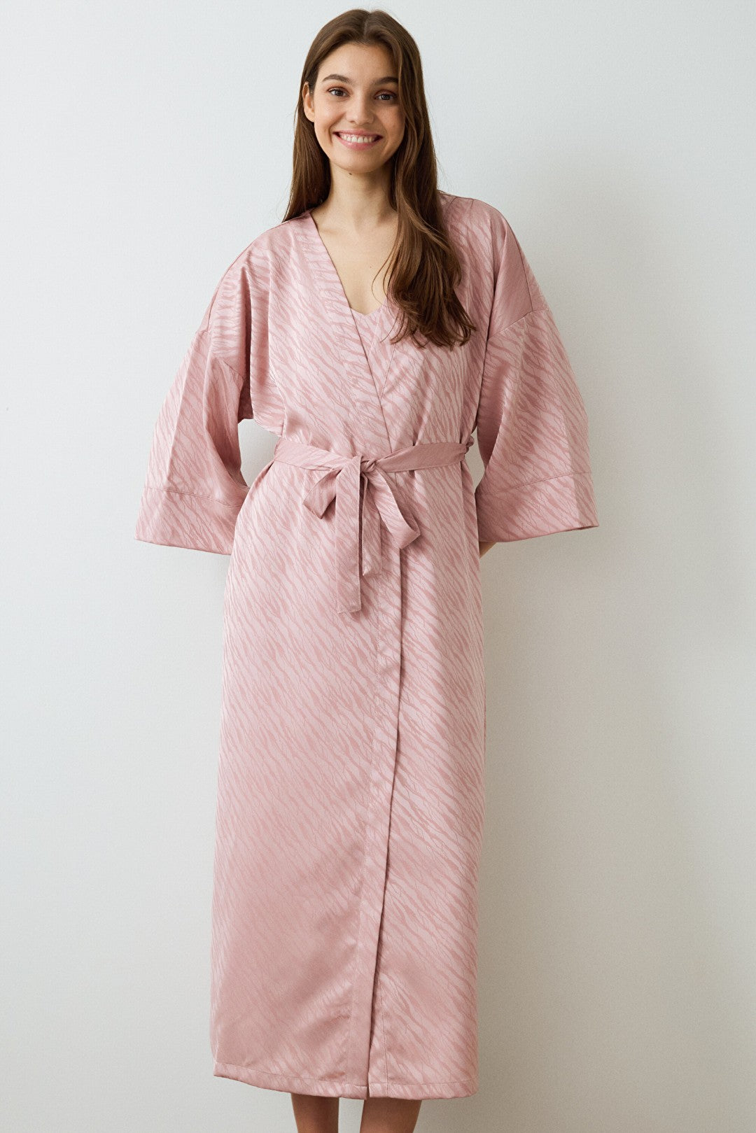 Dusty Rose Emma Zebra Patterned Satin Long Sleeve Dressing Gown