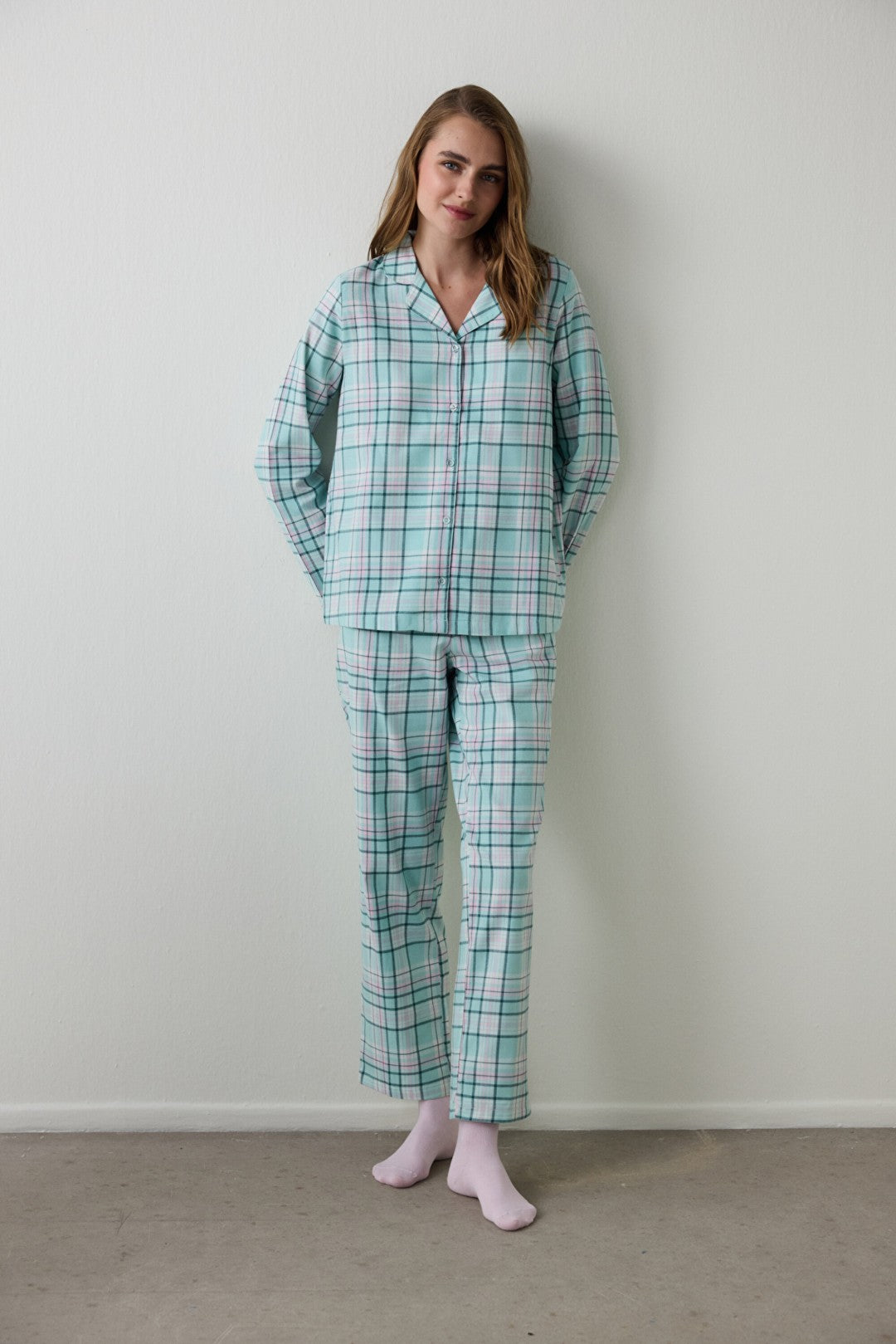 Mint Ellie Plaid Shirt Collar Long Sleeve Pajama Set